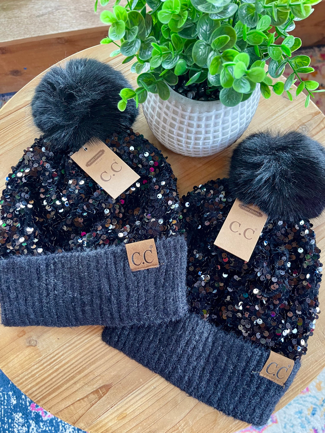 C.C Beanie in Black with Black Sequins