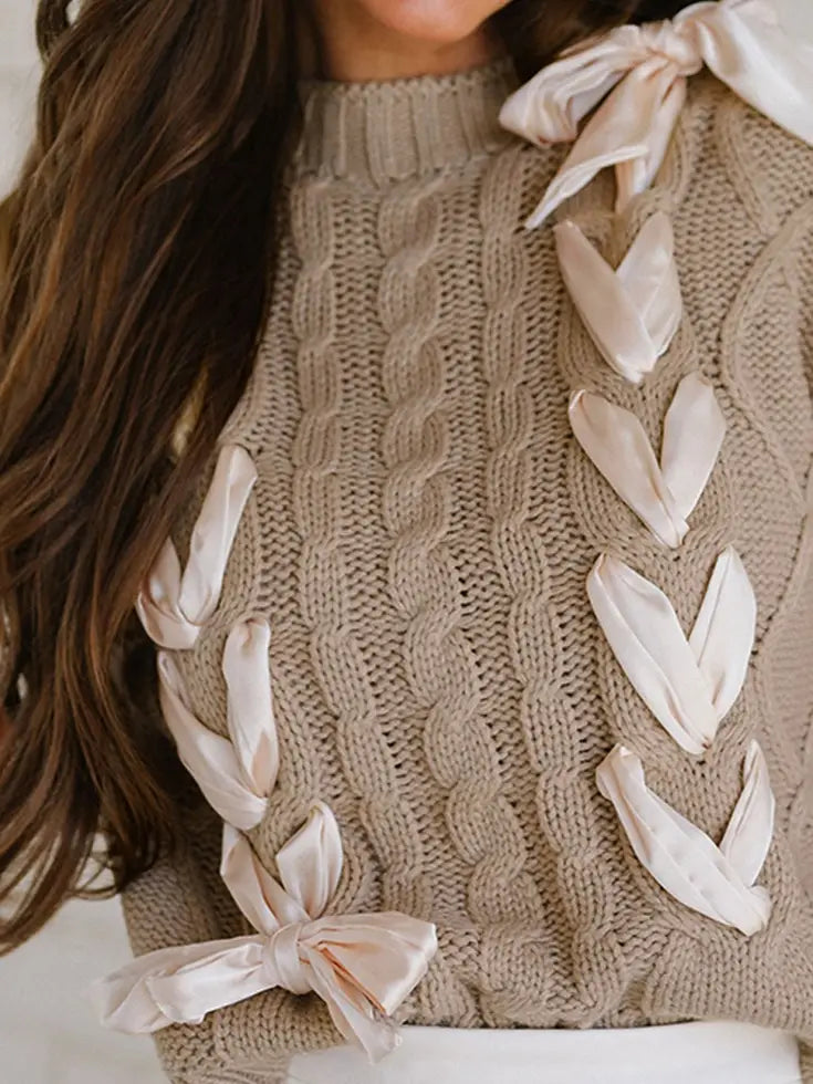Bow Knit Blouse in Taupe