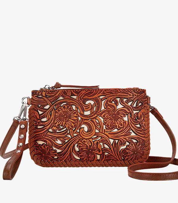 Trinity Ranch Tooled Wristlet/Crossbody in BROWN