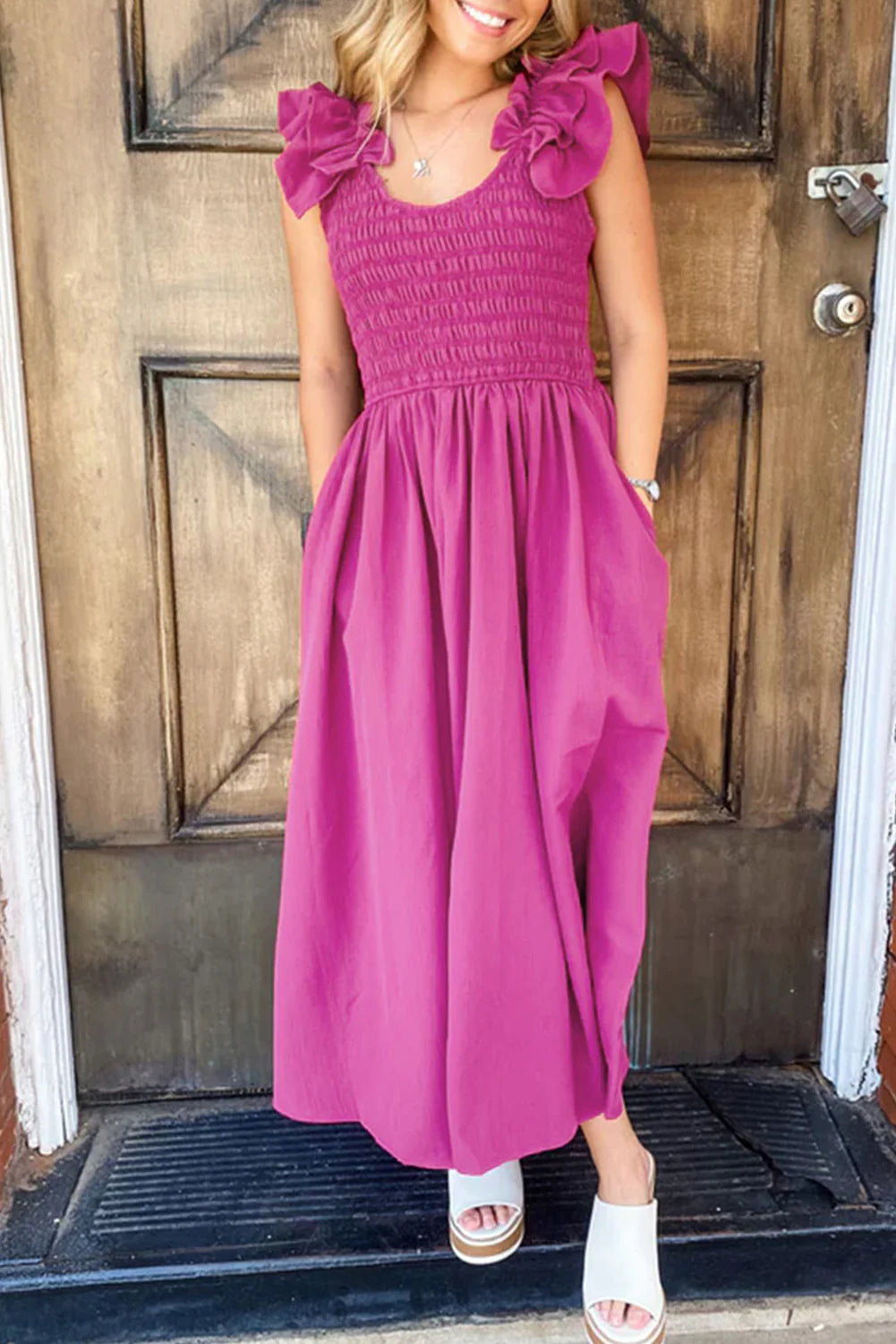 Berry Breezy Ruffle Maxi Dress