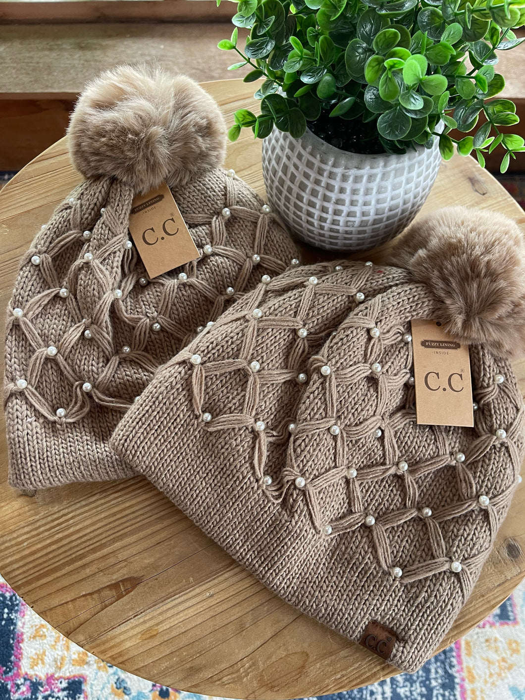 C.C Beanie in Tan with Pearl Accents